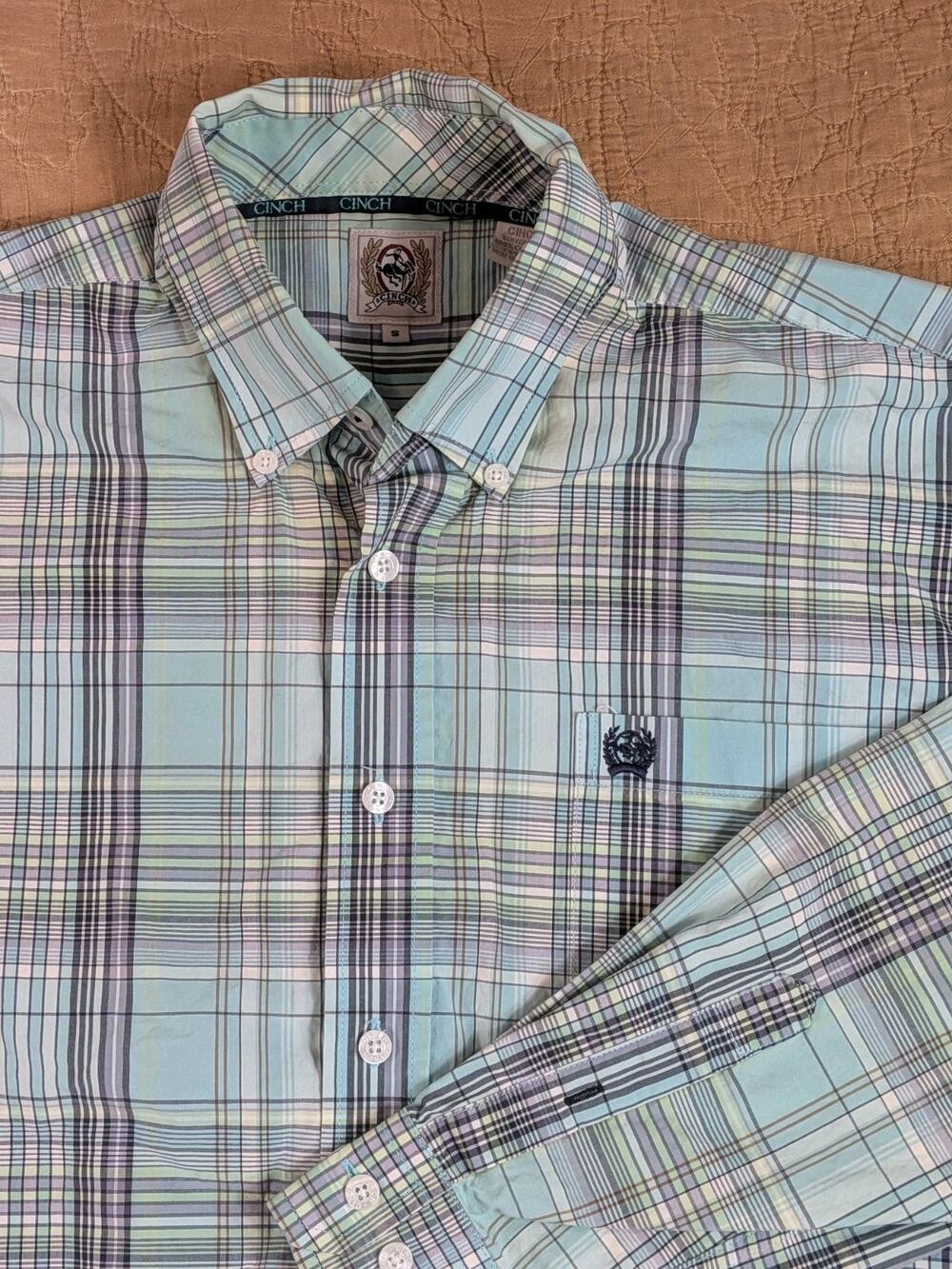 Cinch Western Button Down Long Sleeve Shirt Blue Green Men's Size Small Cowboy